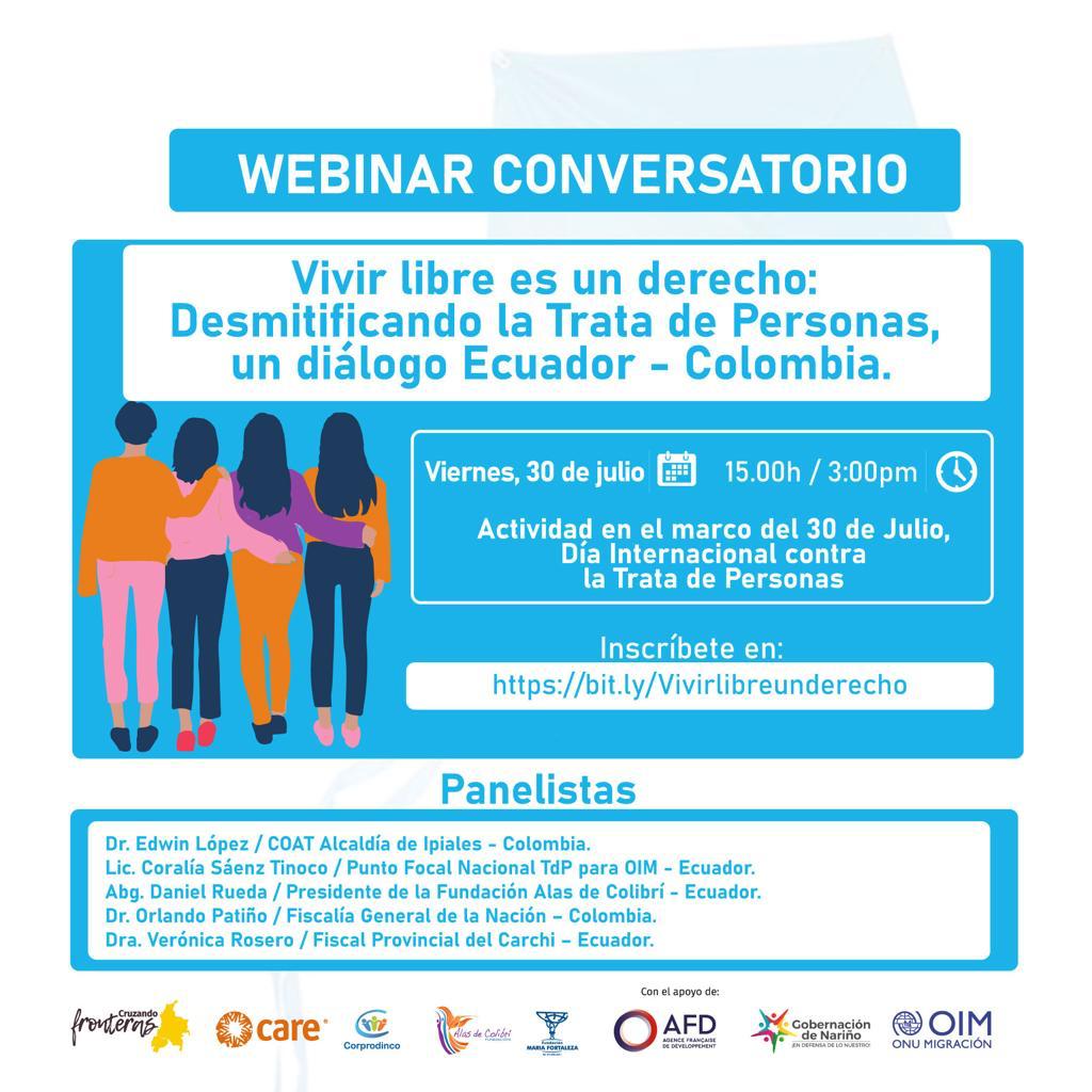 El Consulado de Colombia en Tulcán invita al primer conversatorio sobre la Trata de personas con Ecuador, el 30 de julio de 2021